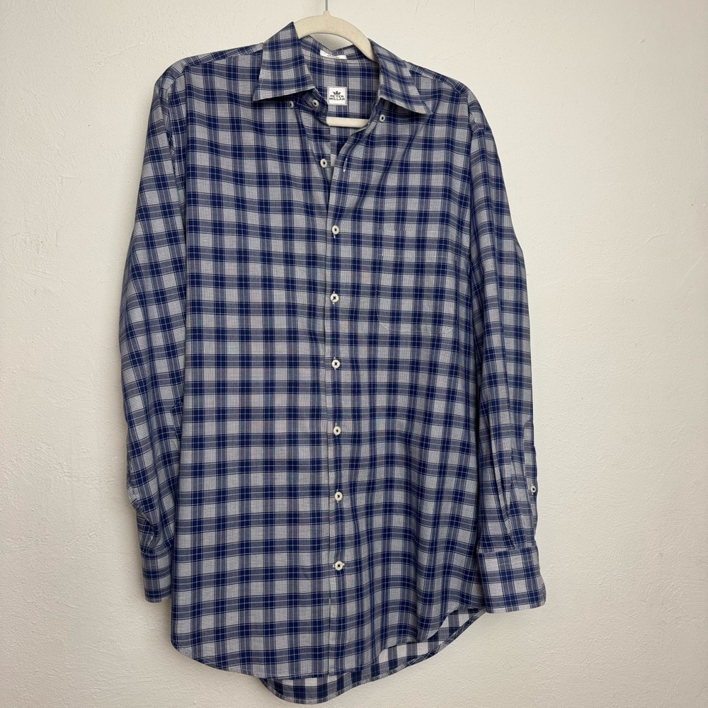 Peter Millar Blue and White Plaid Button Down Shirt